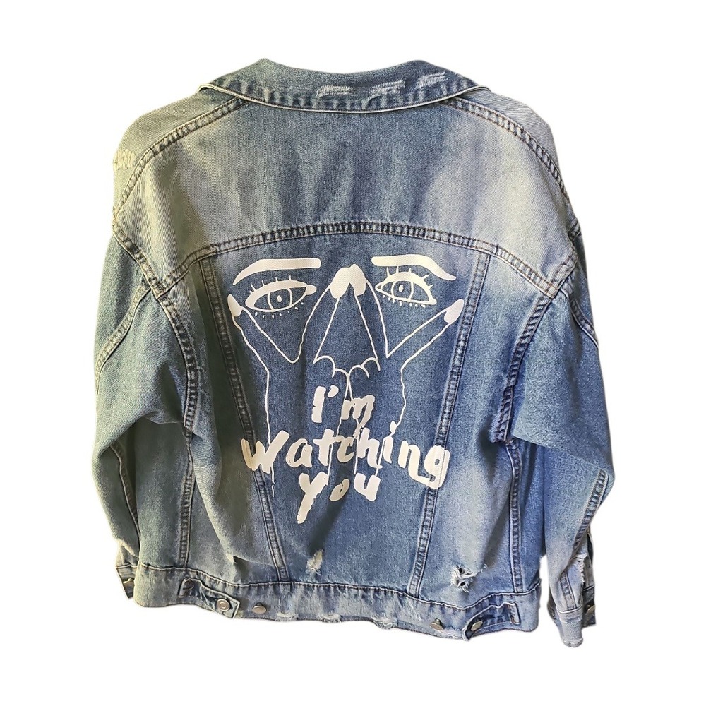 Fashion Nova Denim Jacket Distressed Light‎ Wash Novelty Back Small